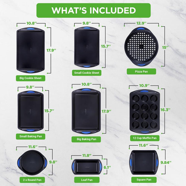 Nutrichef 10-Piece Nonstick Bakeware Set - Easy Clean Carbon Steel Red Handles