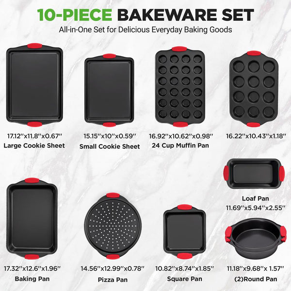 Nutrichef 10-Piece Nonstick Bakeware Set Easy Clean Carbon Steel Red Handles