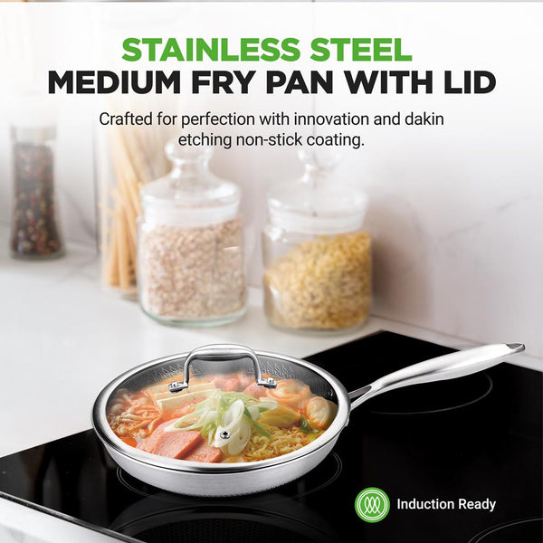 Nutrichef 10" Stainless Steel Frying Pan Non-Stick Scratch-Resistant W/Glass Lid