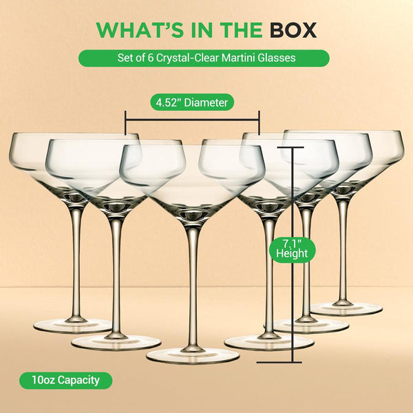 nutrichef 10oz Martini Glasses Set of 6 Elegant Crystal Dishwasher Safe