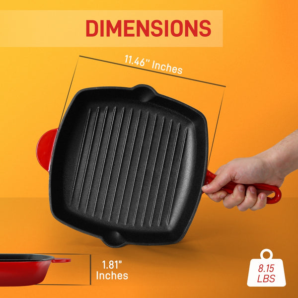 Nutrichef 11" Cast Iron Grill Pan Perfect Grill Marks Porcelain Enamel Coating