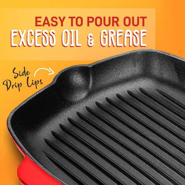 Nutrichef 11" Cast Iron Grill Pan Perfect Grill Marks Porcelain Enamel Coating