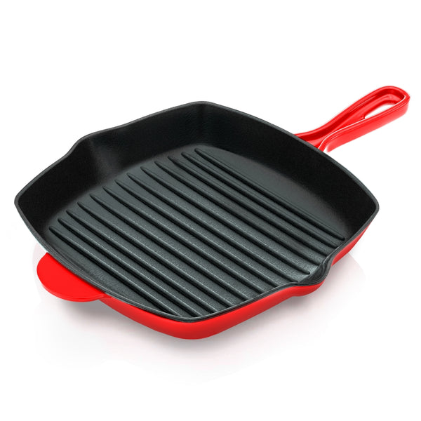 nutrichef 11" Cast Iron Grill Pan Perfect Grill Marks Porcelain Enamel Coating