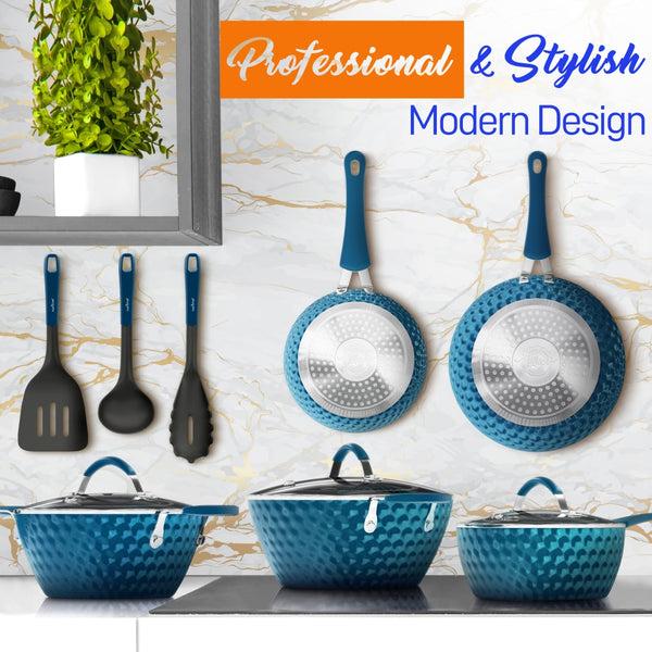 Nutrichef 11 Pc Non-Stick Cookware Set Even Heat Ceramic Coating Royal Blue
