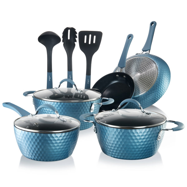 nutrichef 11 Pc Non-Stick Cookware Set Even Heat Ceramic Coating Royal Blue