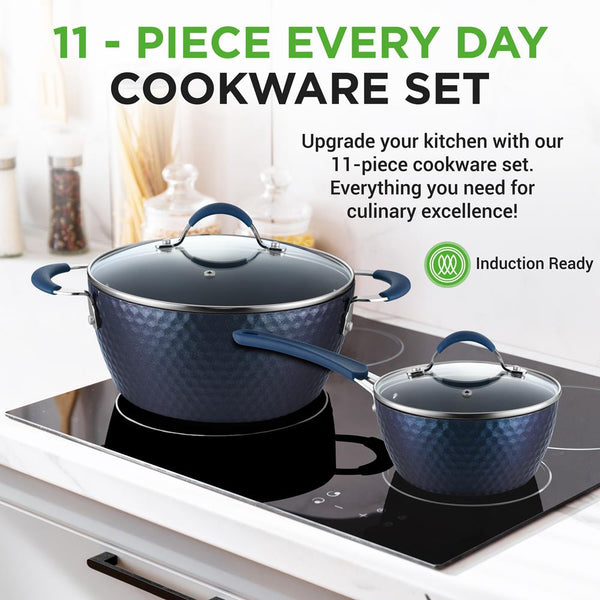 Nutrichef 11 Pc Nonstick Cookware Set - Even Heat Ceramic Coating Blue