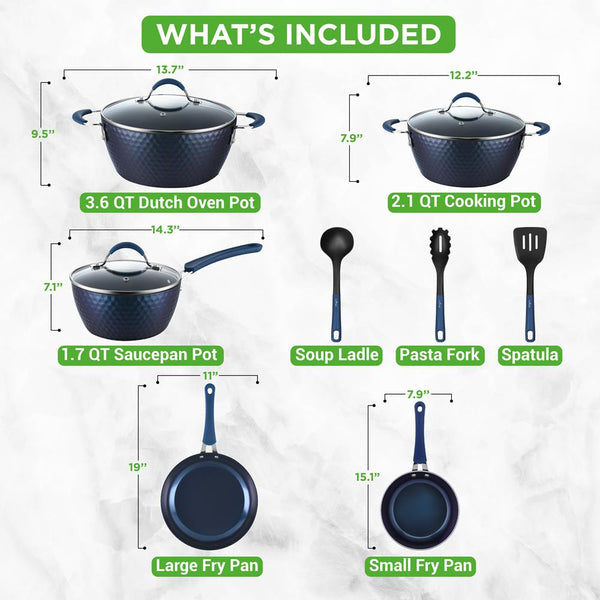 Nutrichef 11 Pc Nonstick Cookware Set - Even Heat Ceramic Coating Blue