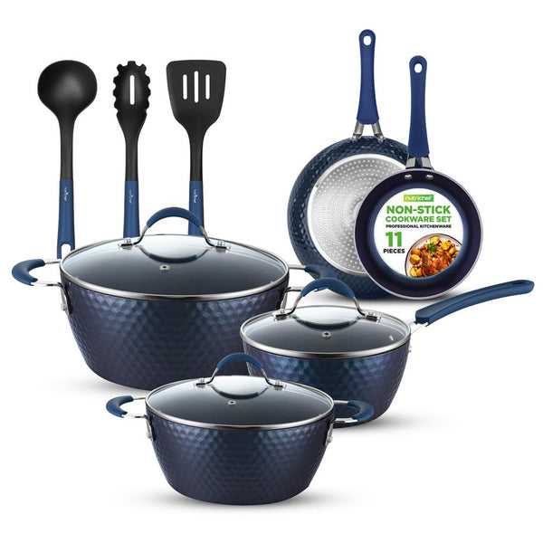 nutrichef 11 Pc Nonstick Cookware Set - Even Heat Ceramic Coating Blue
