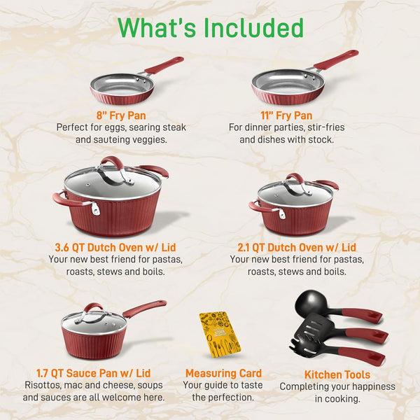 Nutrichef 11-Piece Non-Stick Cookware Set Even Heat Ceramic Coating Red