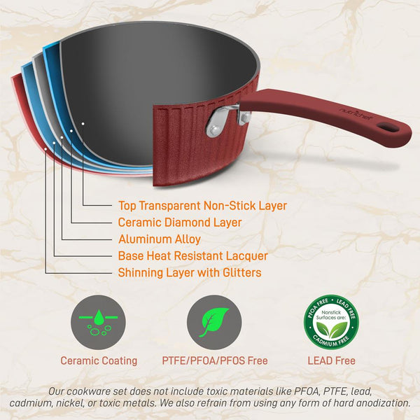 Nutrichef 11-Piece Non-Stick Cookware Set Even Heat Ceramic Coating Red