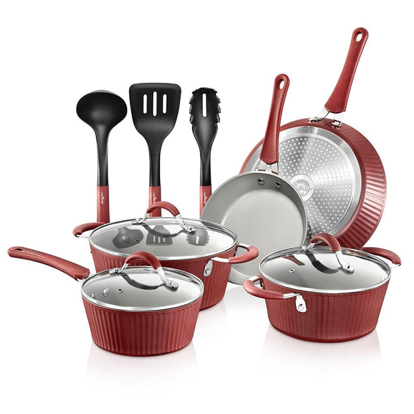 nutrichef 11-Piece Non-Stick Cookware Set Even Heat Ceramic Coating Red
