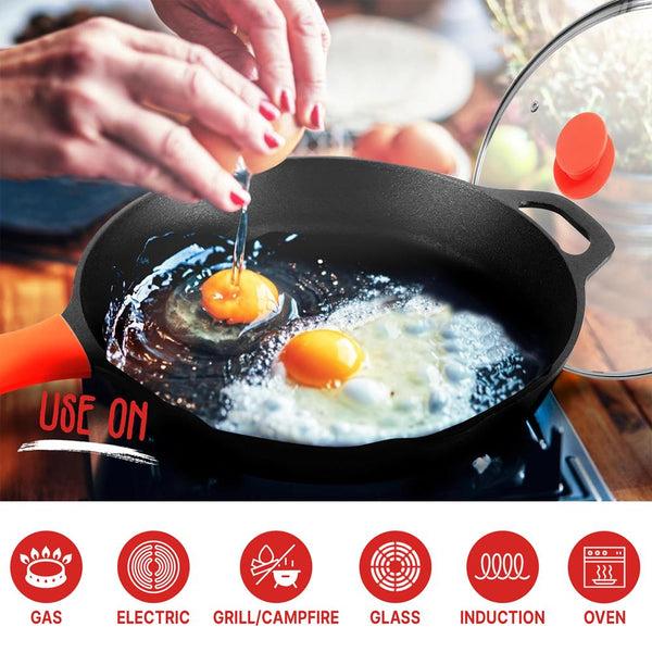 Nutrichef 12" Cast Iron Skillet - Nonstick Oven Safe Orange Silicone Handle