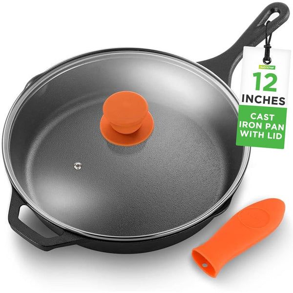 nutrichef 12" Cast Iron Skillet - Nonstick Oven Safe Orange Silicone Handle