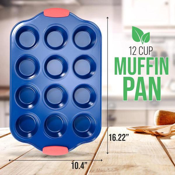 Nutrichef 12 Cup Muffin Pan - Deluxe Nonstick Blue Coating Inside & Outside With Red Silicone Handles Compatible With Models: Ncsbsbl10 Ncsbsbl8 Ncsbsbl6 (Blue)