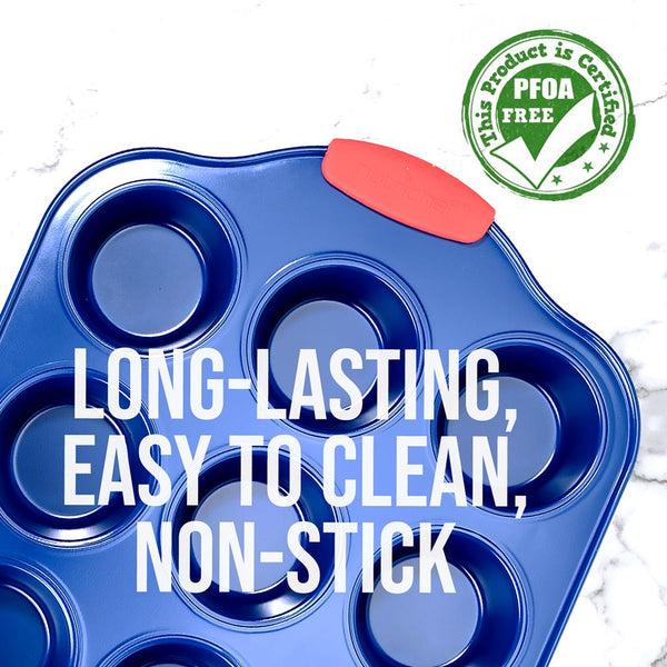 Nutrichef 12 Cup Muffin Pan - Deluxe Nonstick Blue Coating Inside & Outside With Red Silicone Handles Compatible With Models: Ncsbsbl10 Ncsbsbl8 Ncsbsbl6 (Blue)