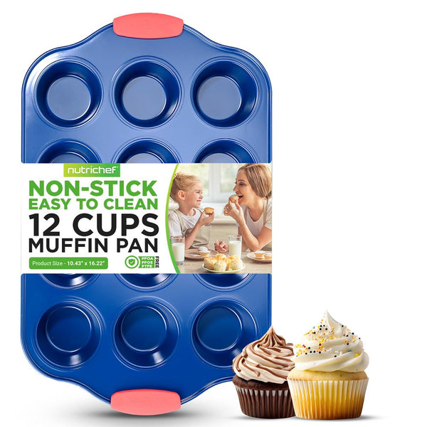 nutrichef 12 Cup Muffin Pan - Deluxe Nonstick Blue Coating Inside & Outside With Red Silicone Handles Compatible With Models: Ncsbsbl10 Ncsbsbl8 Ncsbsbl6 (Blue)