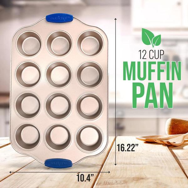 Nutrichef 12 Cup Muffin Pan - Deluxe Nonstick Gold Coating Inside & Outside With Blue Silicone Handles Compatible With Models: Ncsbsg78 Ncsbsg60 Ncsbsg36 (Gold)