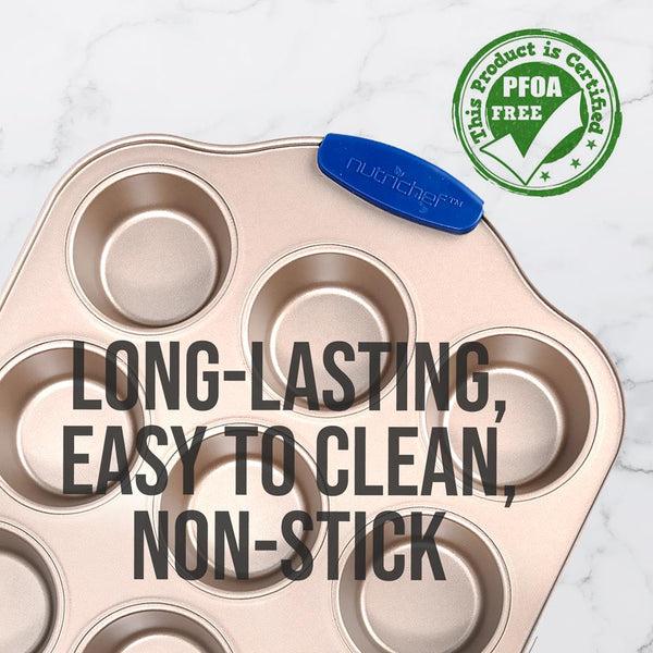 Nutrichef 12 Cup Muffin Pan - Deluxe Nonstick Gold Coating Inside & Outside With Blue Silicone Handles Compatible With Models: Ncsbsg78 Ncsbsg60 Ncsbsg36 (Gold)