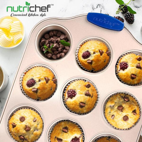 Nutrichef 12 Cup Muffin Pan - Deluxe Nonstick Gold Coating Inside & Outside With Blue Silicone Handles Compatible With Models: Ncsbsg78 Ncsbsg60 Ncsbsg36 (Gold)