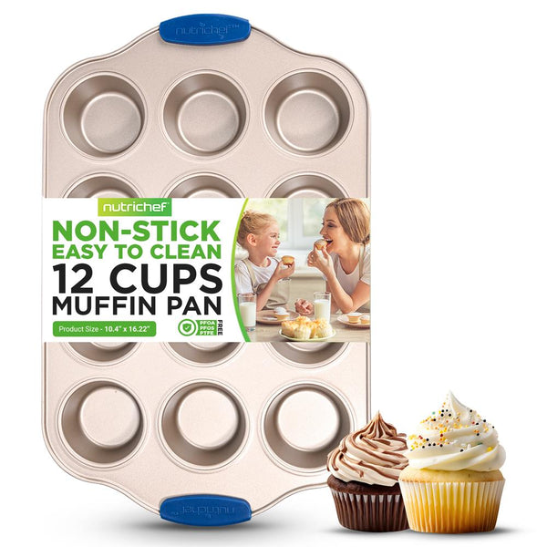 nutrichef 12 Cup Muffin Pan - Deluxe Nonstick Gold Coating Inside & Outside With Blue Silicone Handles Compatible With Models: Ncsbsg78 Ncsbsg60 Ncsbsg36 (Gold)