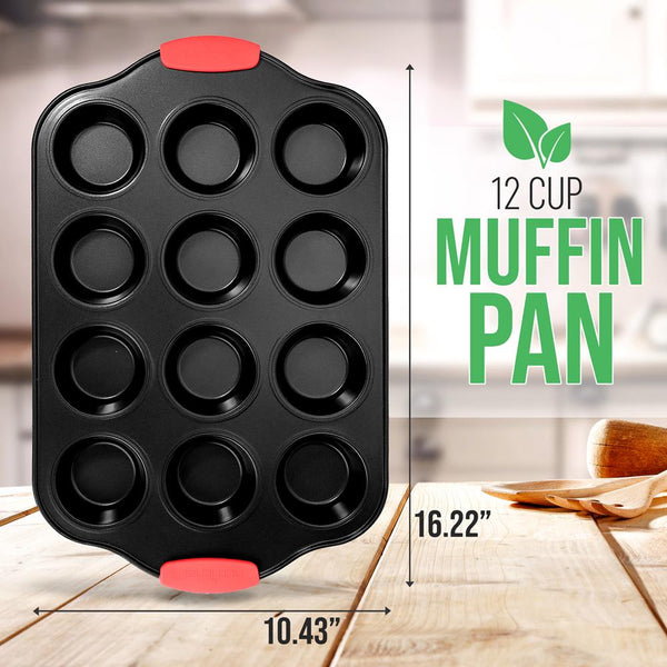 Nutrichef 12 Cup Muffin Pan - Deluxe Nonstick Gray Coating Inside & Outside With Red Silicone Handles Compatible With Models: Ncsbs10S Ncsbs8S Ncsbs6S (Black)