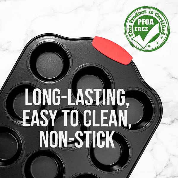 Nutrichef 12 Cup Muffin Pan - Deluxe Nonstick Gray Coating Inside & Outside With Red Silicone Handles Compatible With Models: Ncsbs10S Ncsbs8S Ncsbs6S (Black)