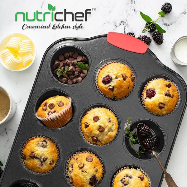 Nutrichef 12 Cup Muffin Pan - Deluxe Nonstick Gray Coating Inside & Outside With Red Silicone Handles Compatible With Models: Ncsbs10S Ncsbs8S Ncsbs6S (Black)