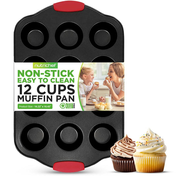 nutrichef 12 Cup Muffin Pan - Deluxe Nonstick Gray Coating Inside & Outside With Red Silicone Handles Compatible With Models: Ncsbs10S Ncsbs8S Ncsbs6S (Black)