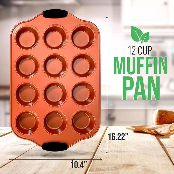 Nutrichef 12 Cup Muffin Pan - Nonstick Carbon Steel Bake Pan With Black Silicone Handles Compatible With Models: Ncsbs54S Ncsbs52S (Copper)