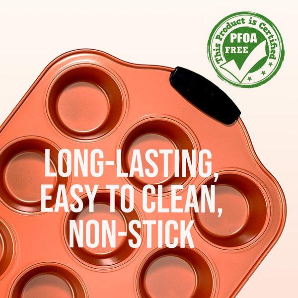 Nutrichef 12 Cup Muffin Pan - Nonstick Carbon Steel Bake Pan With Black Silicone Handles Compatible With Models: Ncsbs54S Ncsbs52S (Copper)