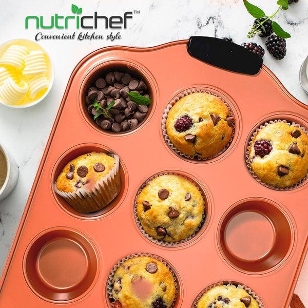 Nutrichef 12 Cup Muffin Pan - Nonstick Carbon Steel Bake Pan With Black Silicone Handles Compatible With Models: Ncsbs54S Ncsbs52S (Copper)