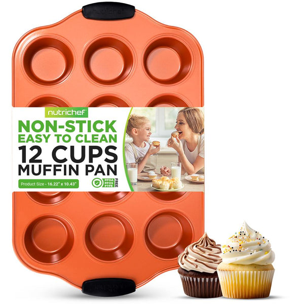 nutrichef 12 Cup Muffin Pan - Nonstick Carbon Steel Bake Pan With Black Silicone Handles Compatible With Models: Ncsbs54S Ncsbs52S (Copper)