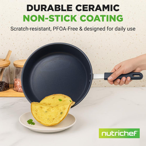 Nutrichef 12" Nonstick Fry Pan - Easy Clean Ceramic Coating Blue Silicone Handle