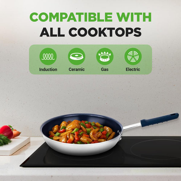 Nutrichef 12" Nonstick Fry Pan - Easy Clean Ceramic Coating Blue Silicone Handle