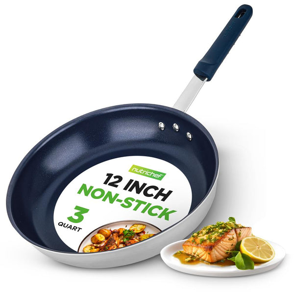 nutrichef 12" Nonstick Fry Pan - Easy Clean Ceramic Coating Blue Silicone Handle
