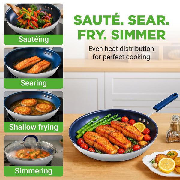 Nutrichef 12" Nonstick Fry Pan With Lid - Even Heat Ceramic Coating Blue Handle