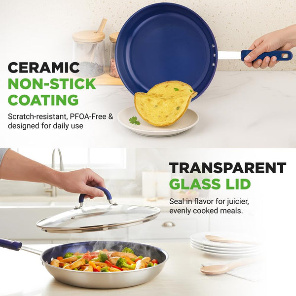 Nutrichef 12" Nonstick Fry Pan With Lid - Even Heat Ceramic Coating Blue Handle