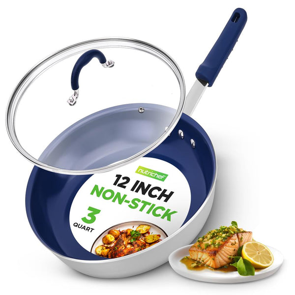 nutrichef 12" Nonstick Fry Pan with Lid - Even Heat Ceramic Coating Blue Handle