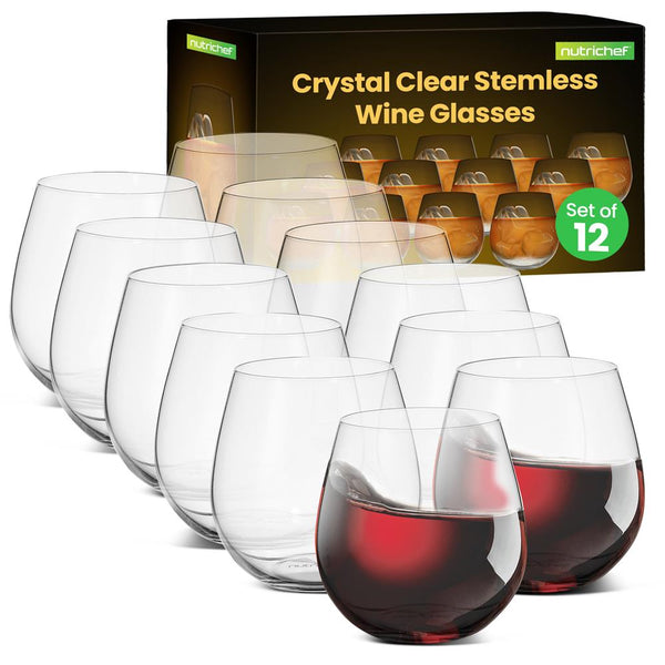 nutrichef 12 Pcs. Of Crystal-Clear Stemless Wine Glass - Ultra Clear And Thin Elegant Clear Wine Glasses Hand Blown