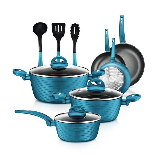 nutrichef 12-Piece Non-Stick Cookware Set Even Heat Tempered Glass Lids Blue
