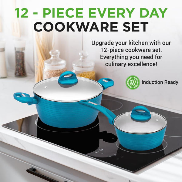 Nutrichef 12-Piece Nonstick Cookware Set - Even Heat Durable Coating Green