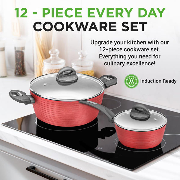 Nutrichef 12-Piece Nonstick Cookware Set Even Heat Red PFOA/PFOS-Free