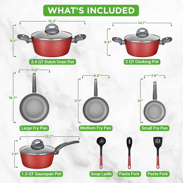 Nutrichef 12-Piece Nonstick Cookware Set Even Heat Red PFOA/PFOS-Free