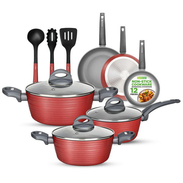 nutrichef 12-Piece Nonstick Cookware Set Even Heat Red PFOA/PFOS-Free