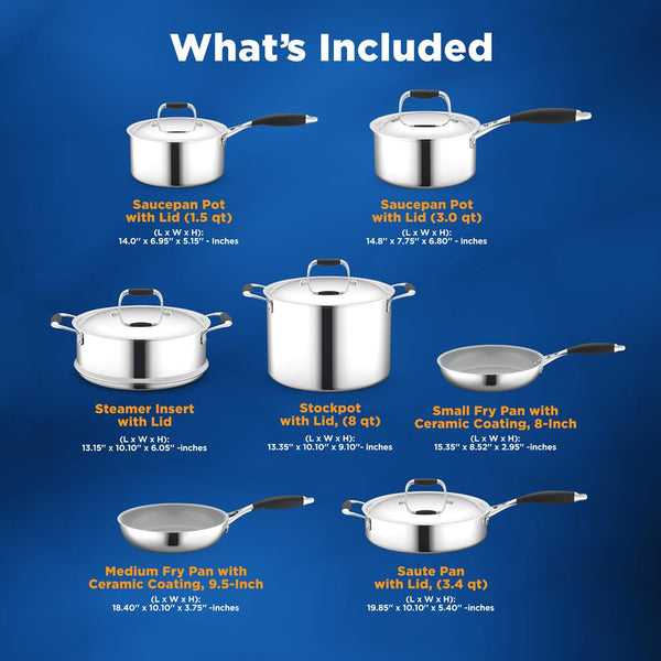 Nutrichef 12-Piece Stainless Steel Cookware Set Non-Stick Ceramic Even Heat