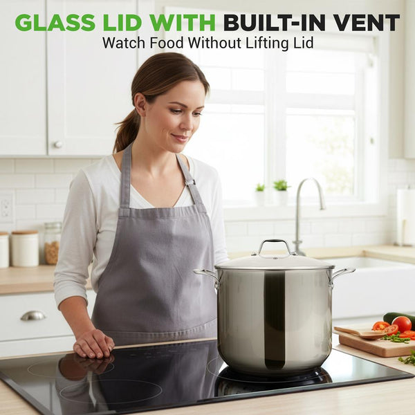 Nutrichef 12-Quart Stock Pot Even Heat Stainless Steel Tempered Glass Lid