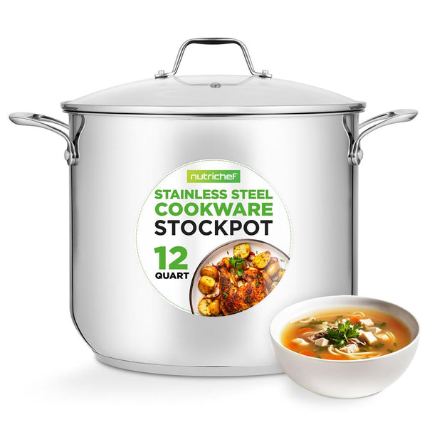 nutrichef 12-Quart Stock Pot Even Heat Stainless Steel Tempered Glass Lid