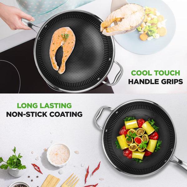 Nutrichef 12" Stainless Steel Wok - Quick Heat Non-Stick Scratch-Resistant