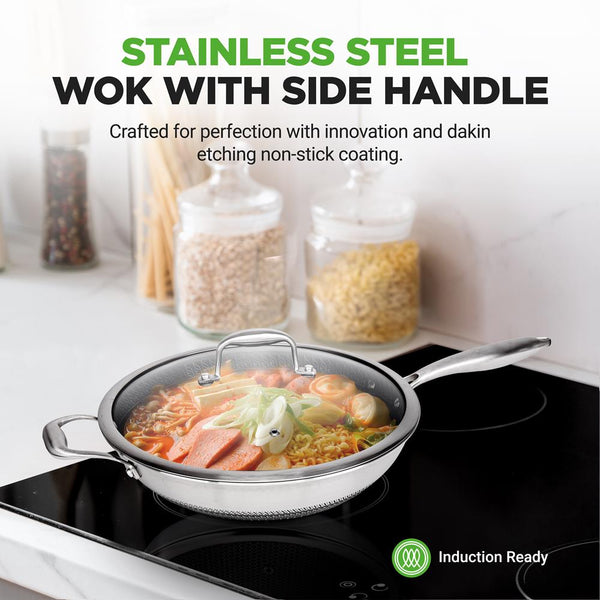 nutrichef 12" Stainless Steel Wok - Quick Heat Non-Stick Scratch-Resistant