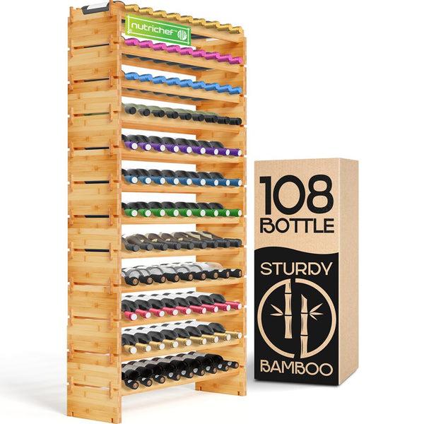 nutrichef 12 Tier Wine Shelf - Strong Frame Solid Bamboo For 108 Bottle Wine Capacity (Color)
